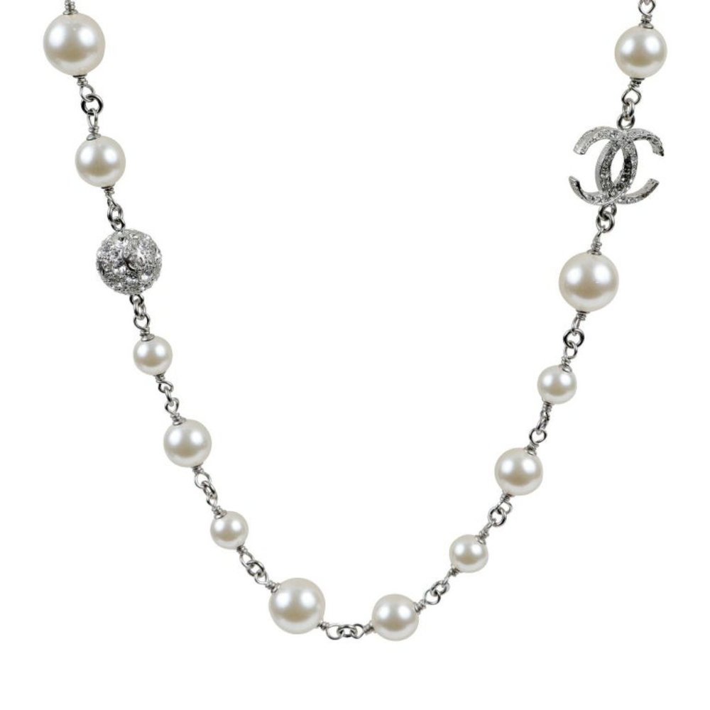 Chanel Single Strand Pearl and Crystal CC Necklace